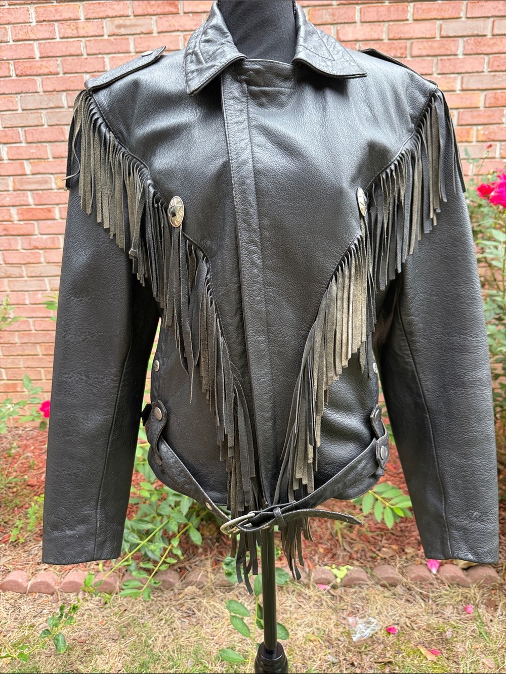 Motorcycle /Open Road Brands Black Leather Fringe Jacket with Silver Conchos
